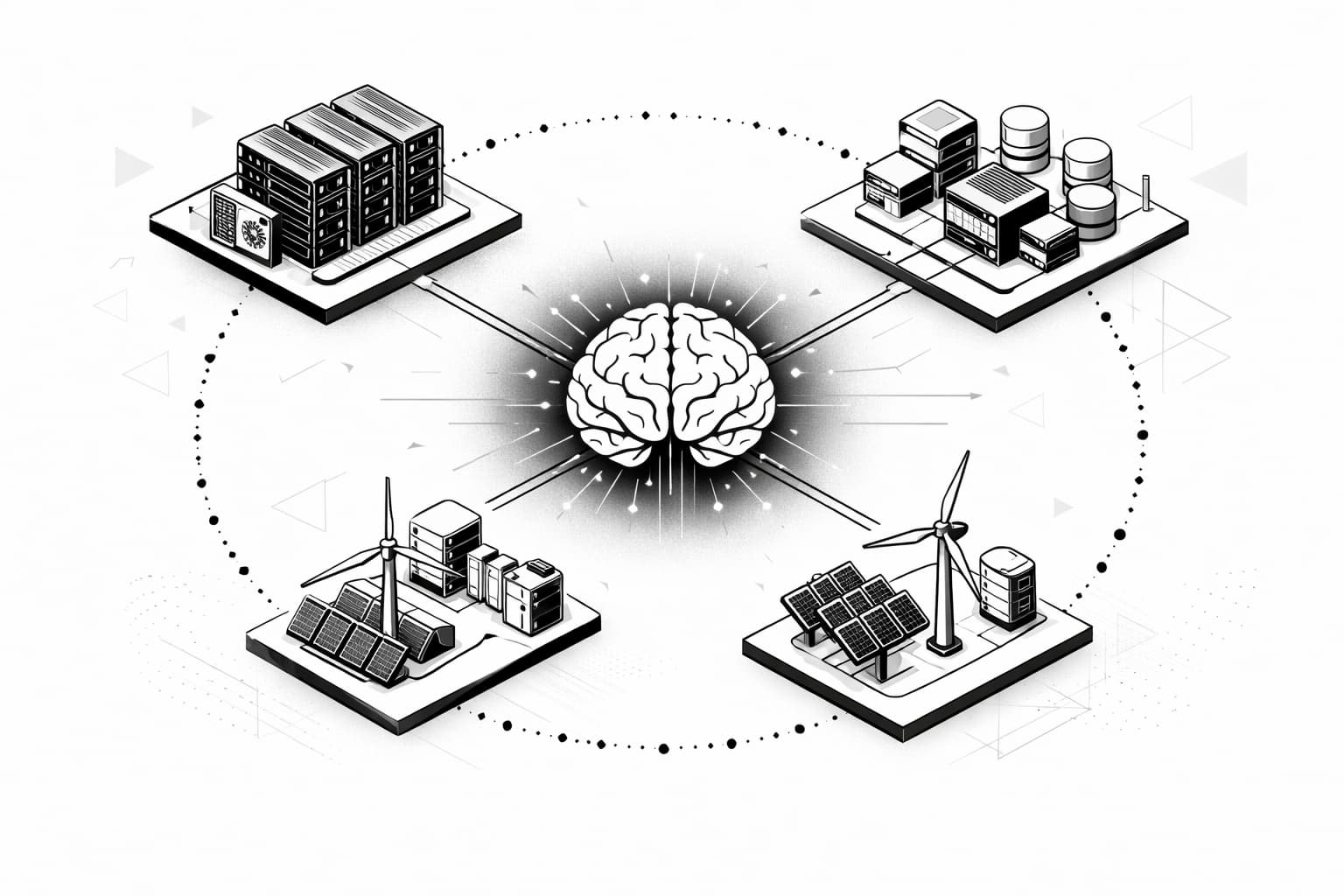 AI brain linked to decentralized compute, data, and energy network modules