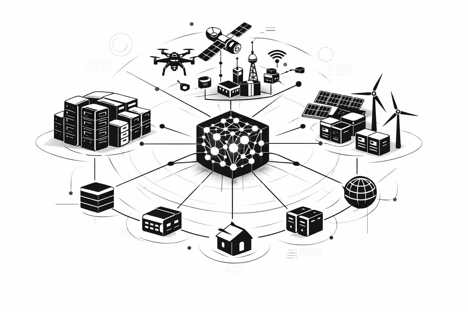 Illustration of DePIN networks powering AI with compute, data, and energy nodes