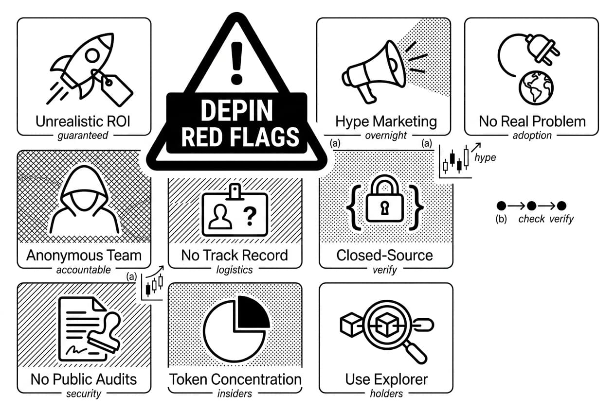 Monochrome DePIN red flags checklist with warning triangle and nine scam indicator tiles.