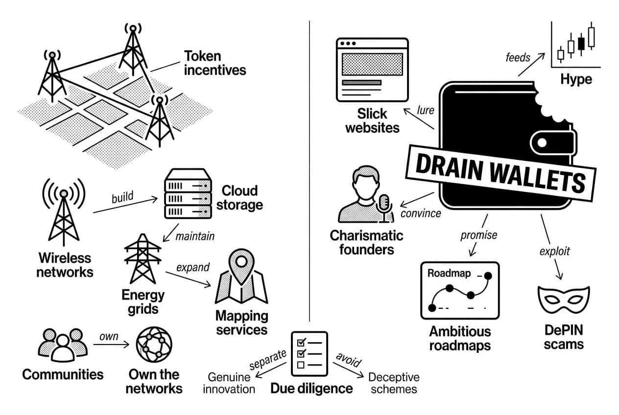 Split DePIN scams infographic contrasting token-incentive networks with wallet-draining scam red flags.