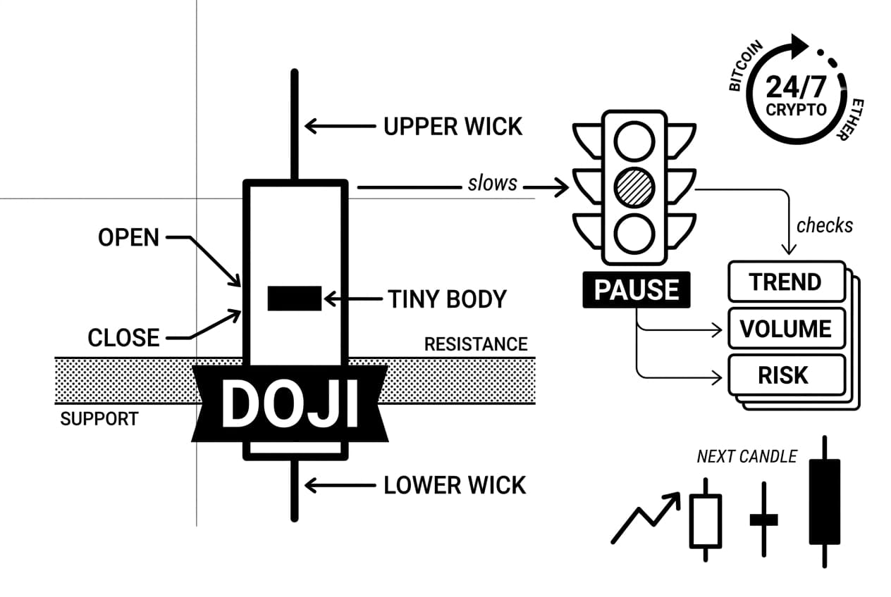 Anatomy diagram showing a crypto doji candlestick pattern with BITCOIN and ETHER context.