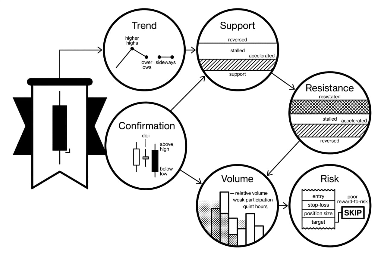Monochrome Doji candlestick pattern infographic showing trend, confirmation, volume, and risk steps