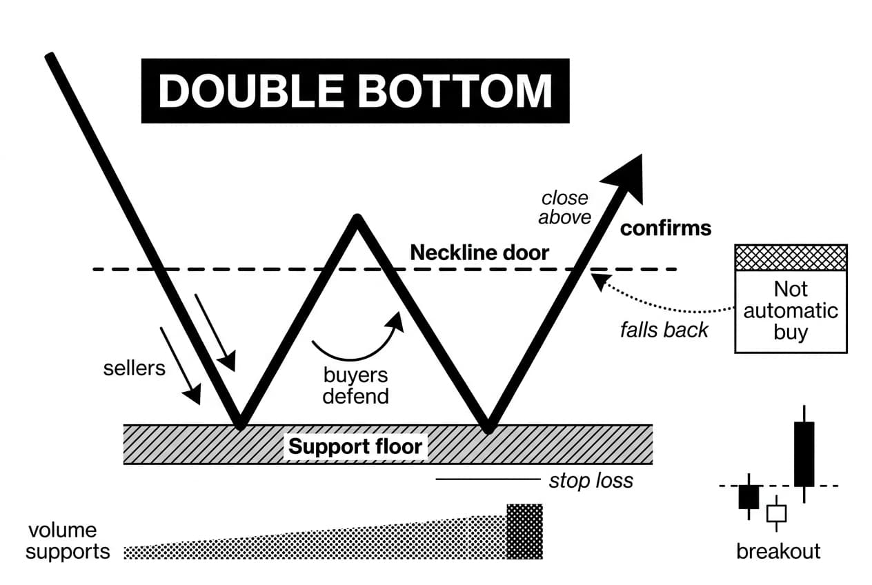 Monochrome W-shaped price diagram showing double bottom chart pattern breakout and support.