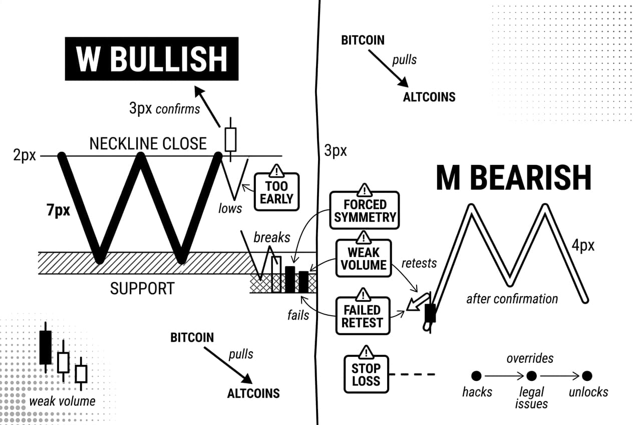 Monochrome Double Bottom bullish setup infographic comparing W, M, BITCOIN, and ALTCOINS signals.