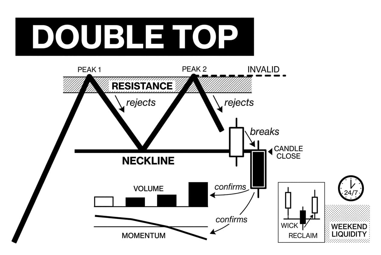Monochrome crypto double top chart pattern diagram showing resistance, neckline, and breakdown.