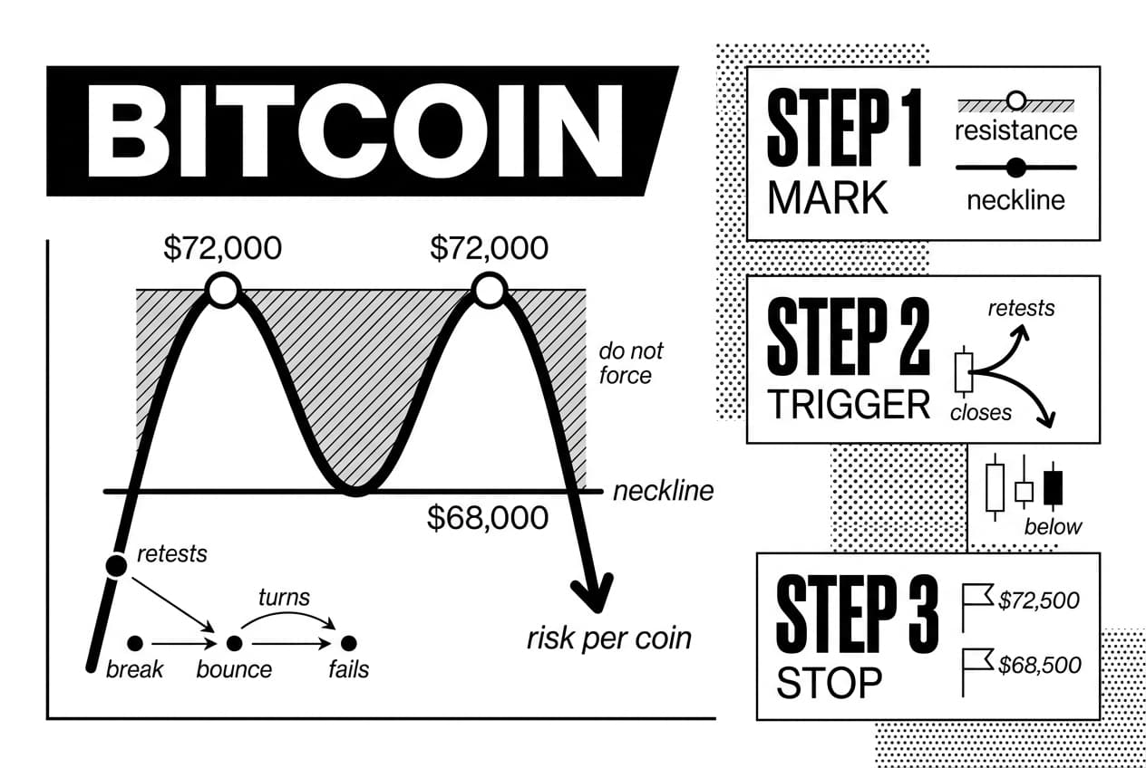 BITCOIN double top chart pattern infographic showing peaks, neckline, trigger, and stops.