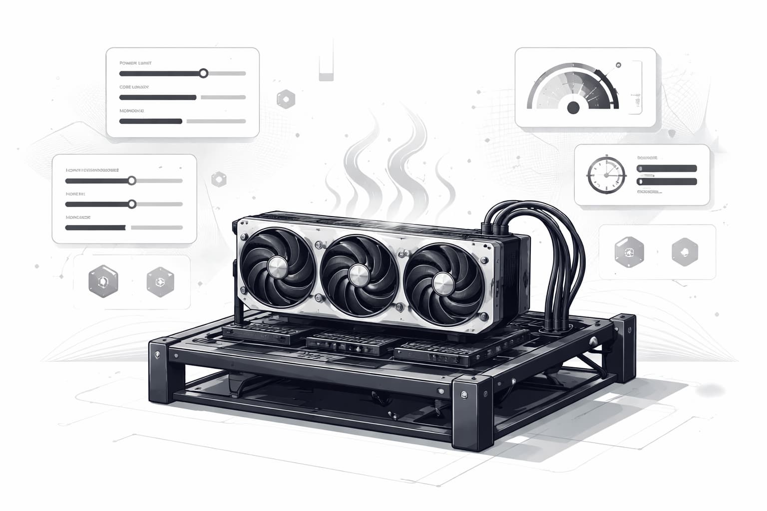 GPU test bench with tuning sliders for power, clocks, fan curve, and ratios