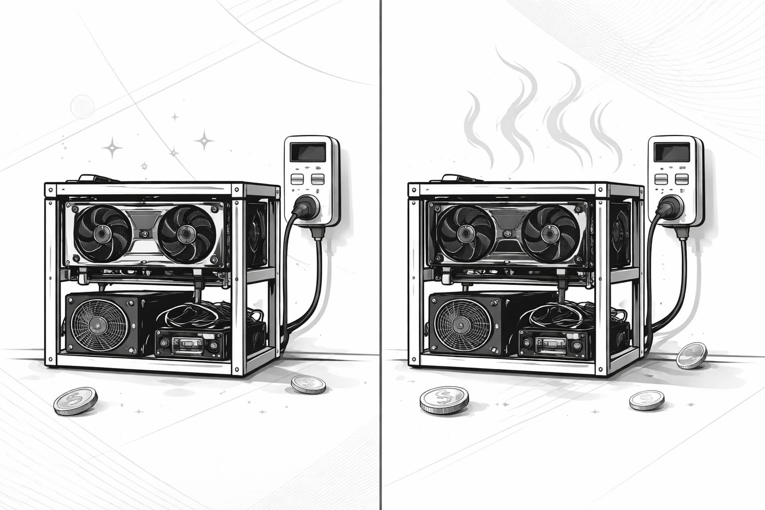 GPU mining rig with power meter showing tradeoffs between efficiency and heat