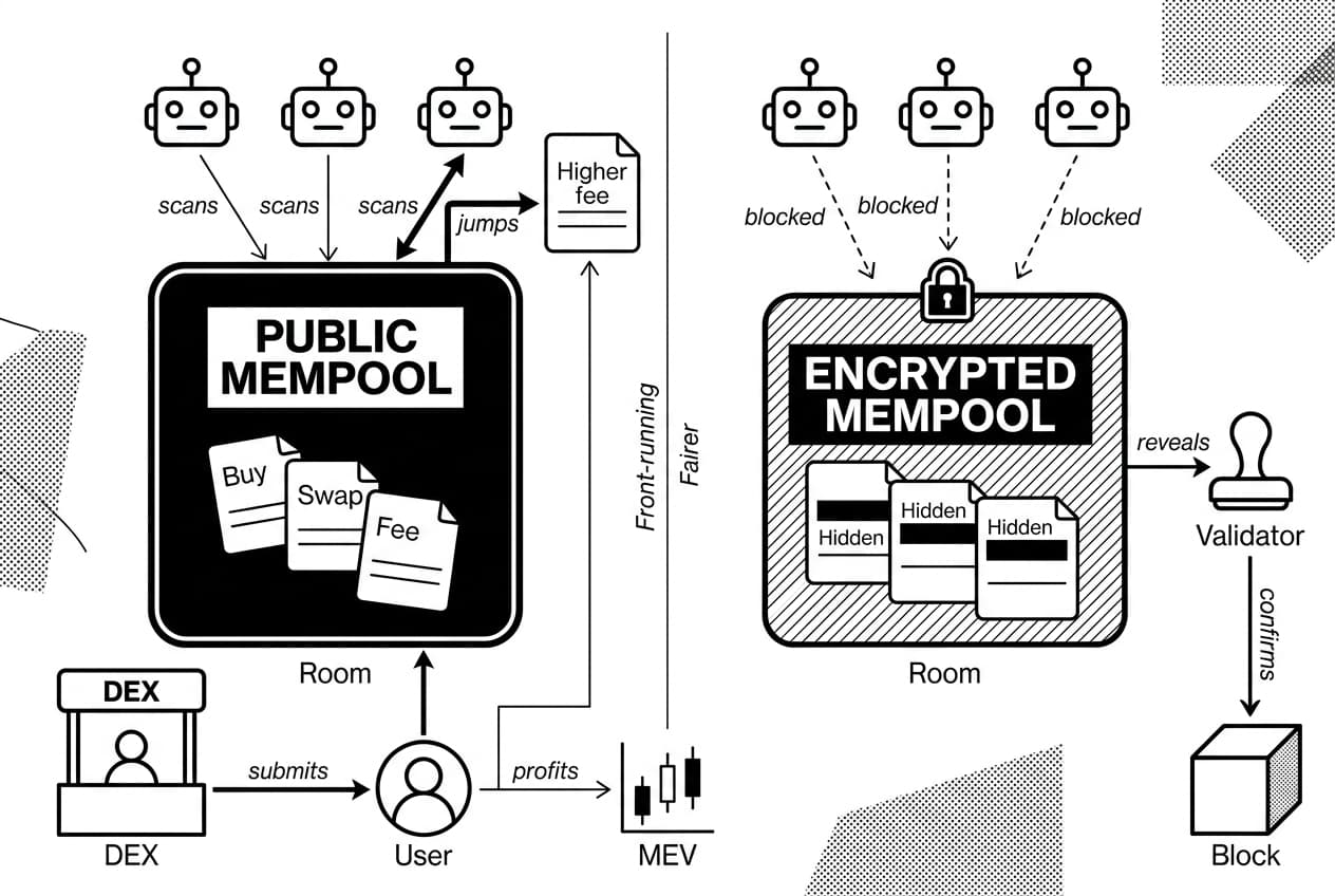 Split infographic comparing public mempool bots scanning transactions versus encrypted mempool blocking them.