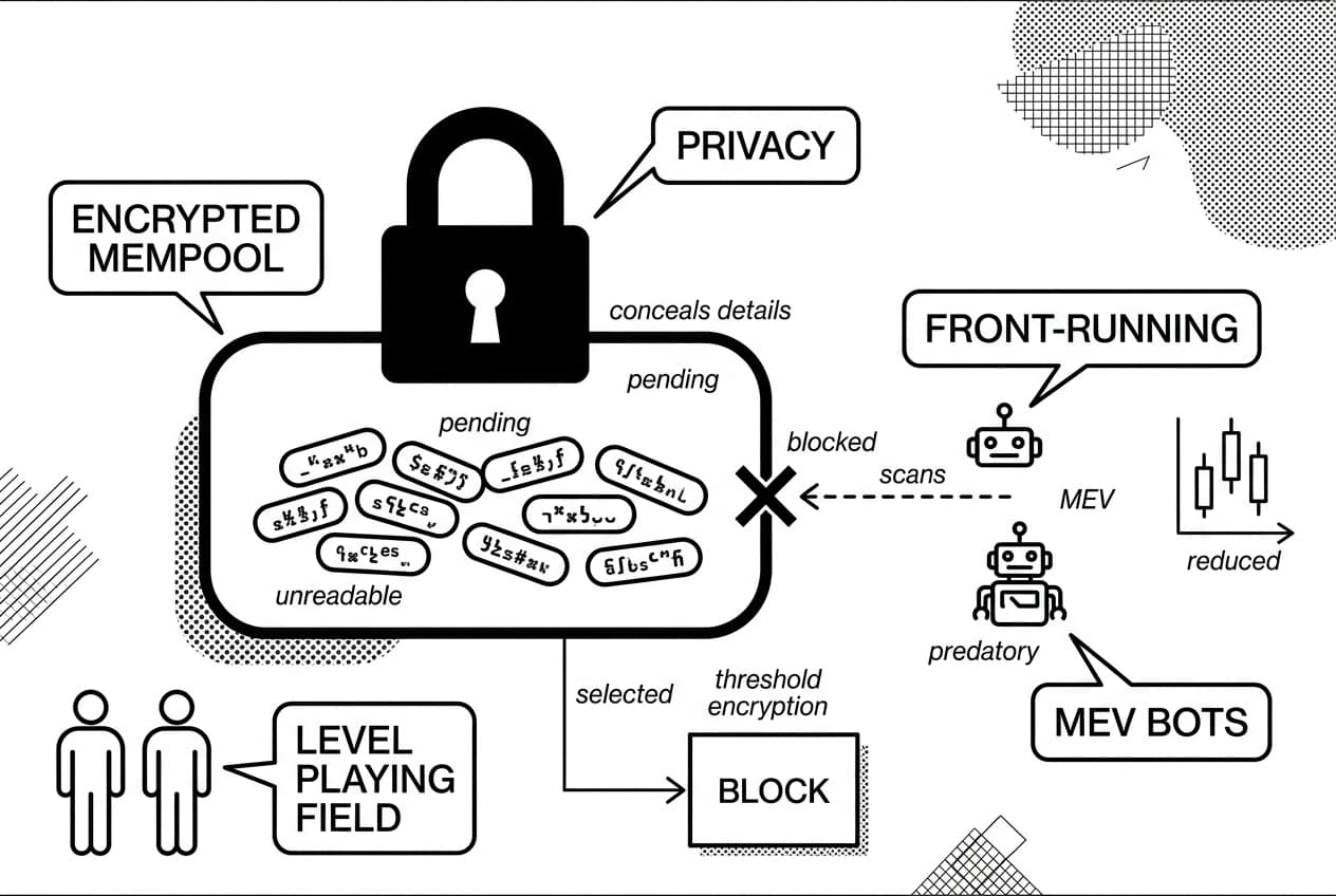 Monochrome encrypted mempool diagram with padlock pool, unreadable transactions, and blocked MEV bots.