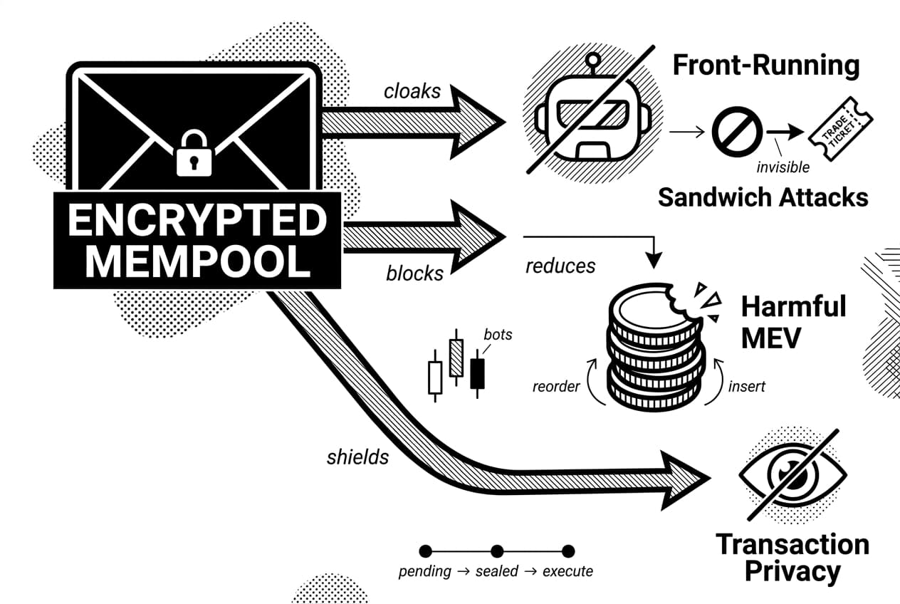 Monochrome infographic showing encrypted mempool envelope blocking front-running bots and harmful MEV.