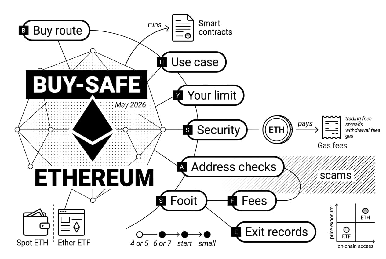 Ethereum BUY-SAFE infographic showing ETH fees, smart contracts, scams, and Ether ETF access.
