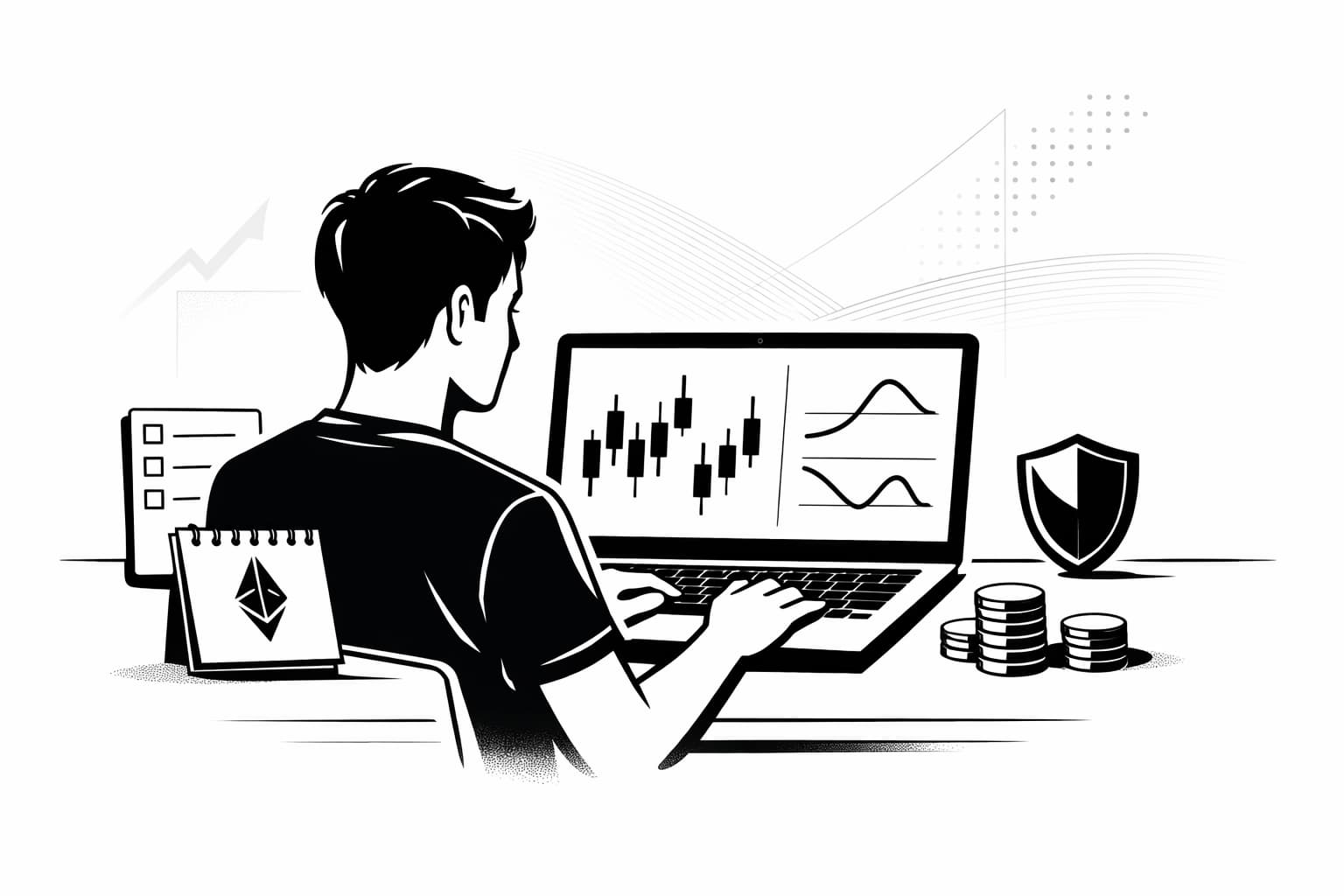 Beginner trader reviewing Ethereum options concepts with risk management symbols and charts