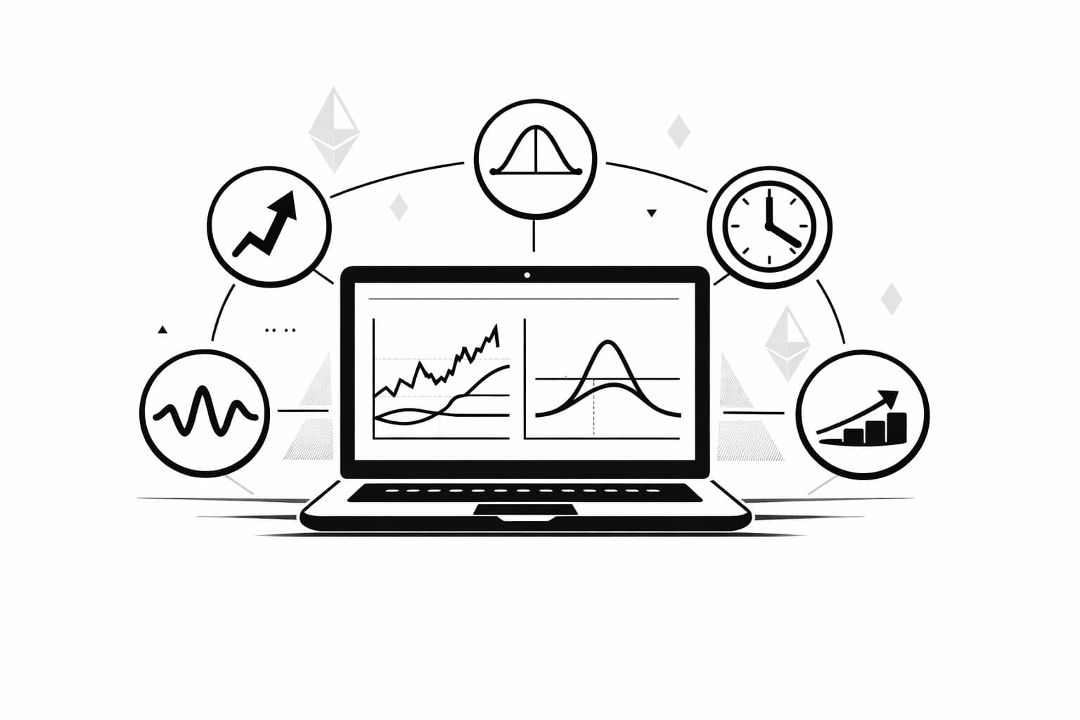 Illustration of Ethereum options Greeks as simple icons around a trading laptop