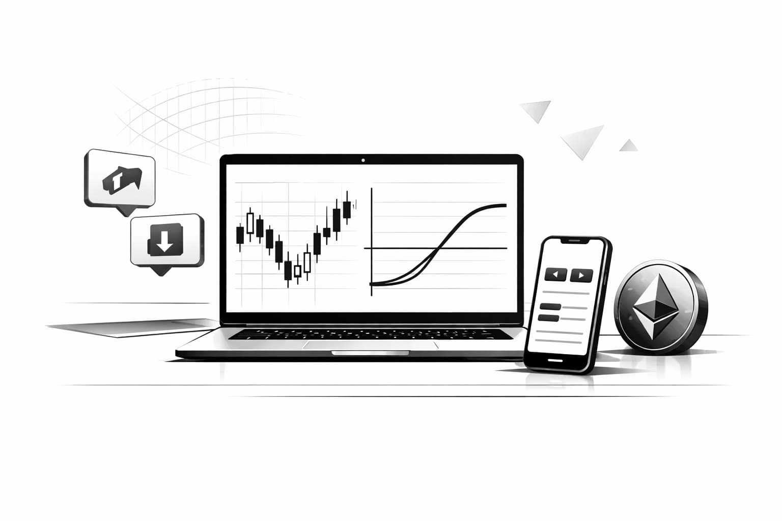 Beginner trading workspace with Ethereum symbol, charts, and call-put option icons