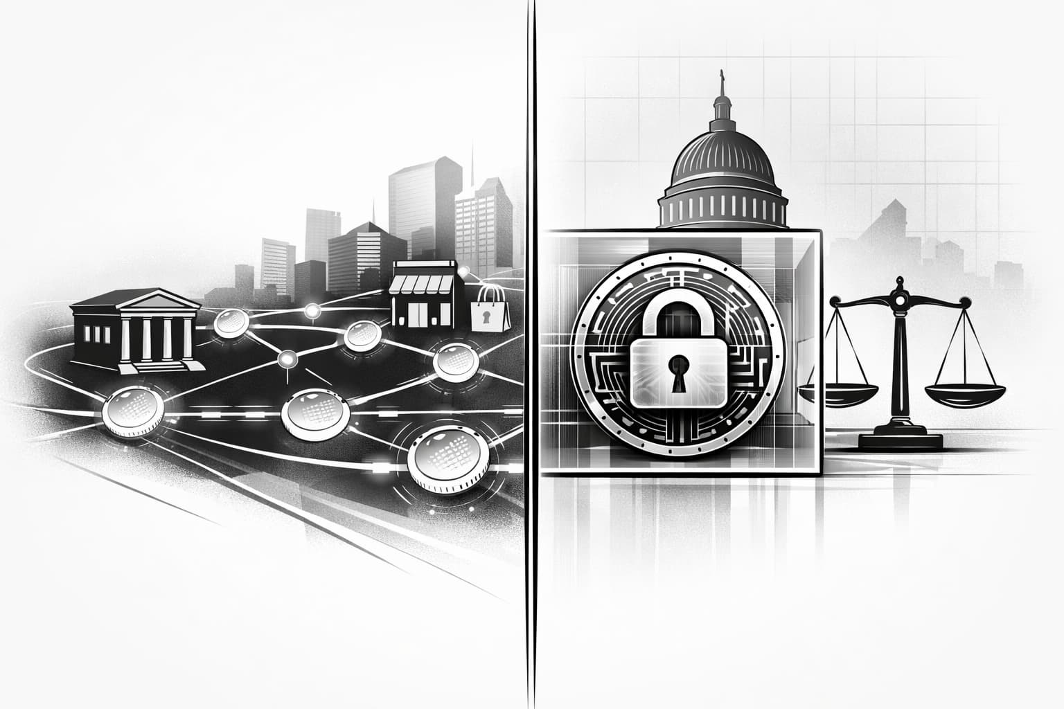 Split illustration showing instant payment rails versus a constrained digital dollar concept.