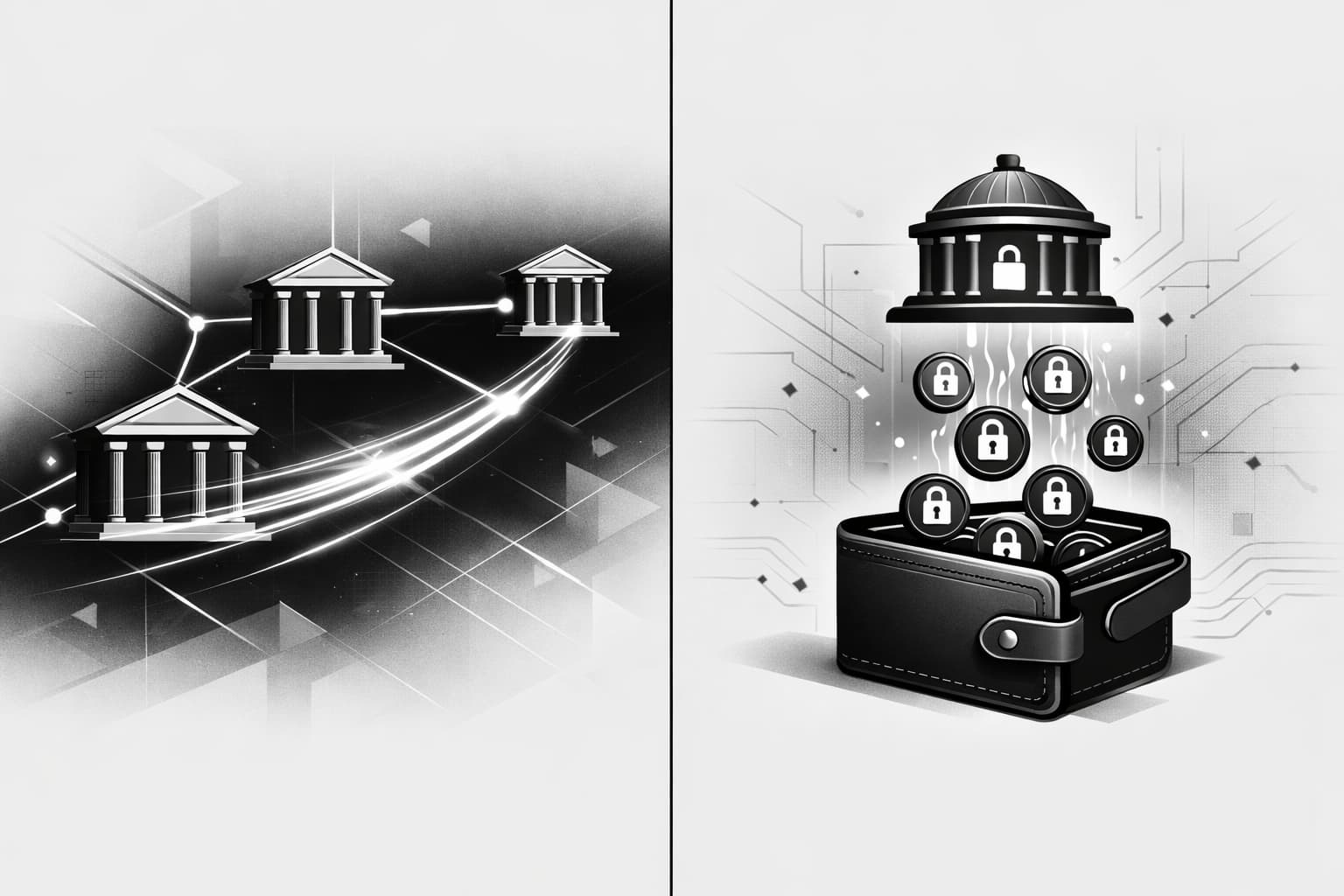 Split illustration comparing instant payment rails with central bank digital money concept