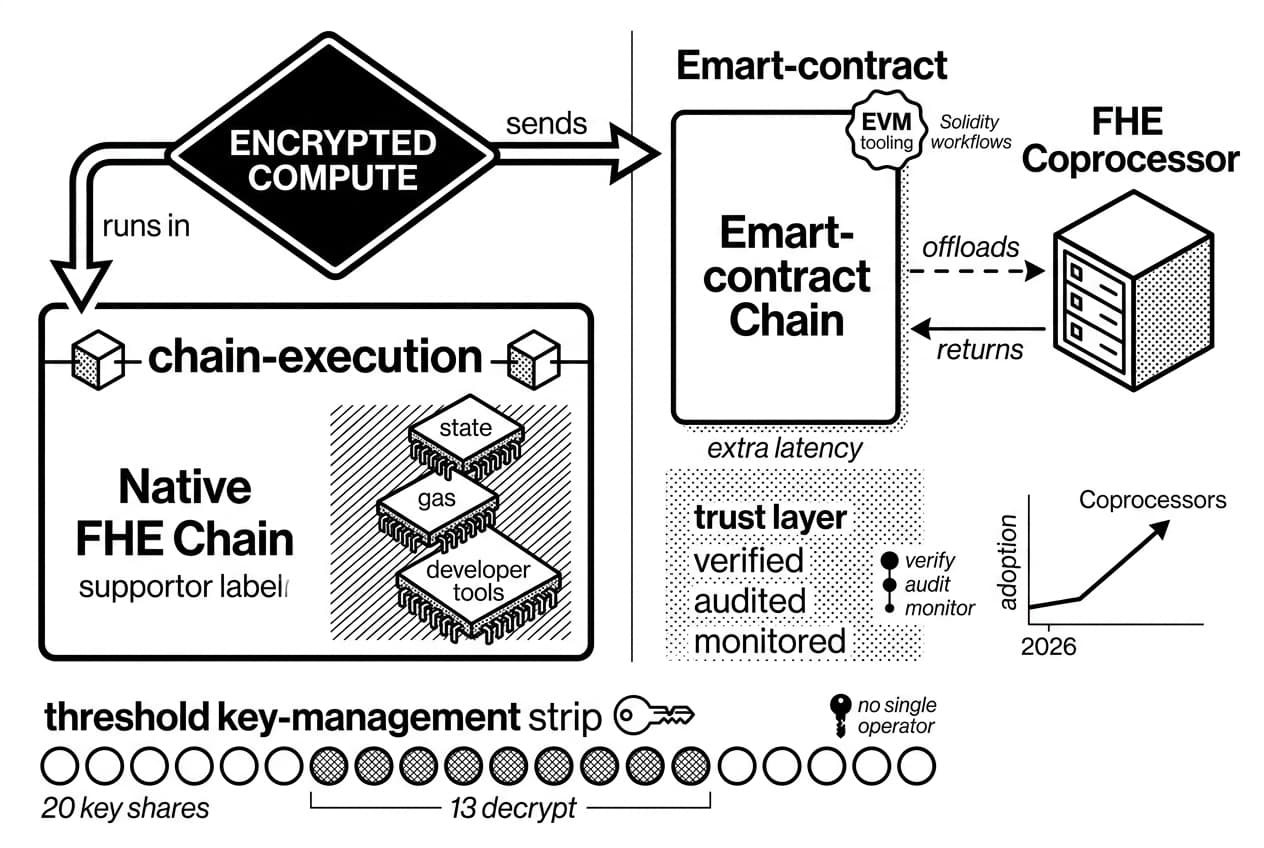 Infographic comparing Native FHE Chain and FHE Coprocessor paths for EVM Solidity contracts