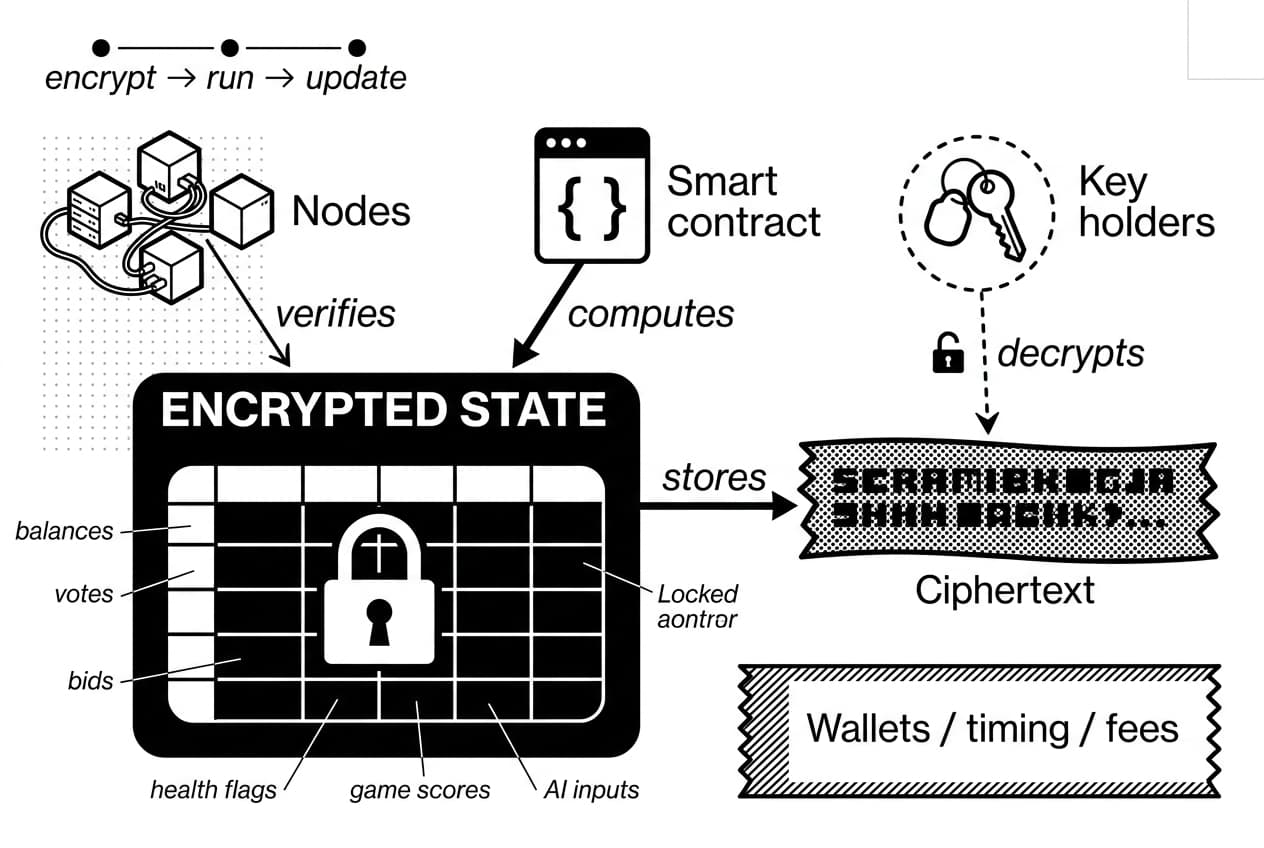 Diagram showing FHE in blockchain encrypting smart contract state with nodes and ciphertext.