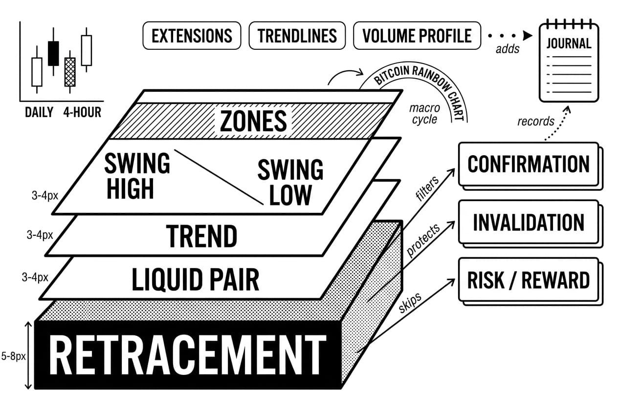 Layered Fibonacci retracement workflow with trend zones, confirmations, and BITCOIN RAINBOW CHART badge