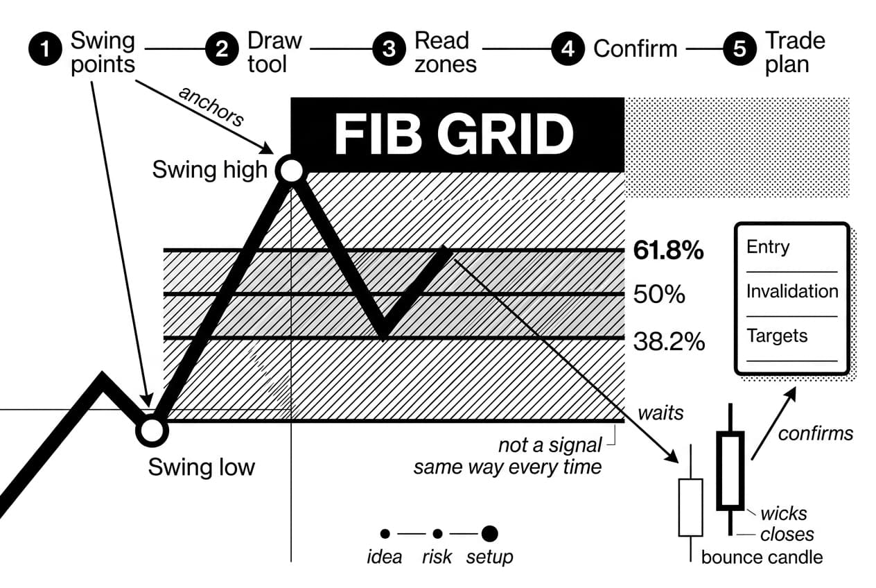 Five-step Fibonacci retracement workflow showing swing anchors, grid levels, confirmation, and trade plan.