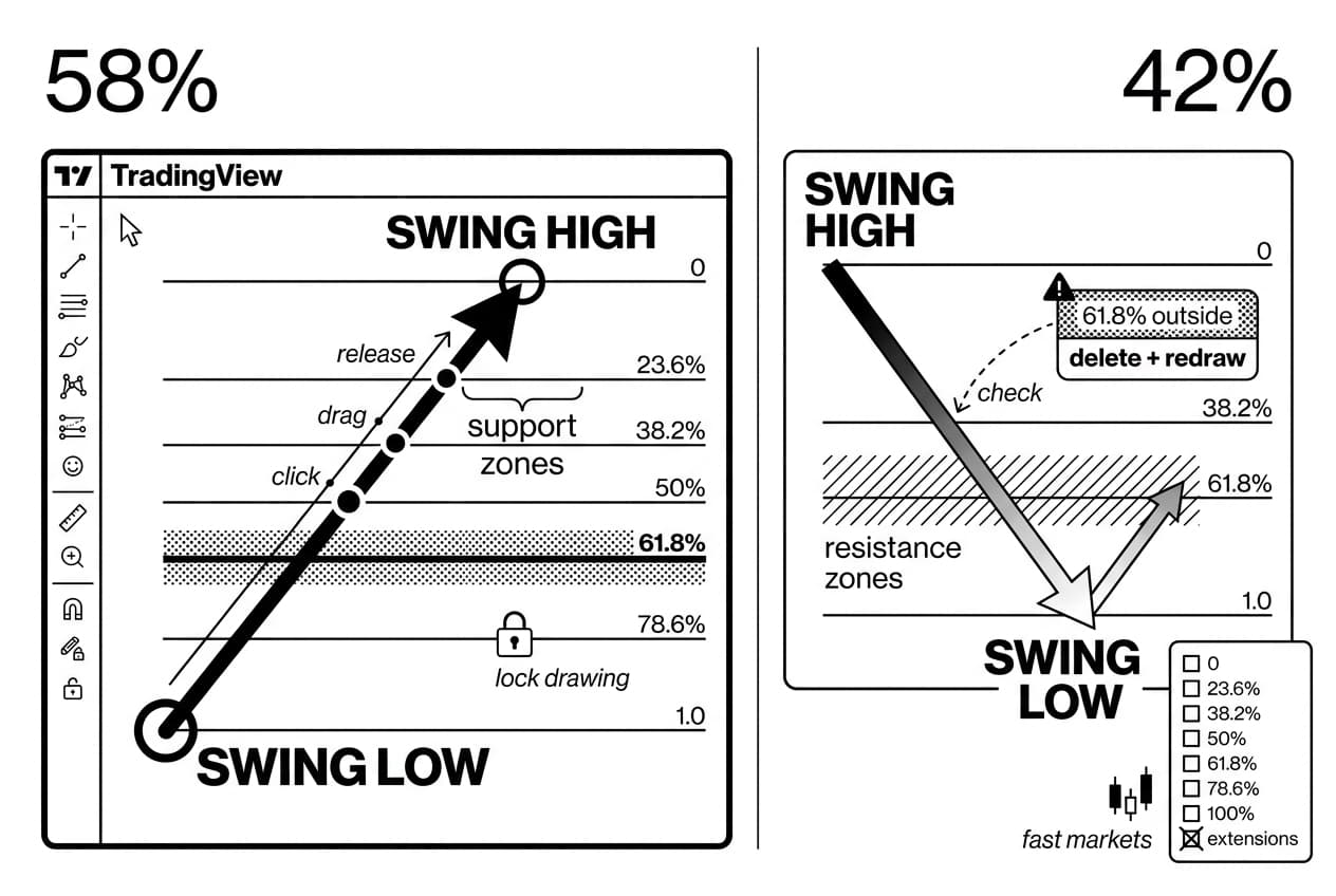 Two-panel Fibonacci retracement chart showing swing low, swing high, and redraw warning.