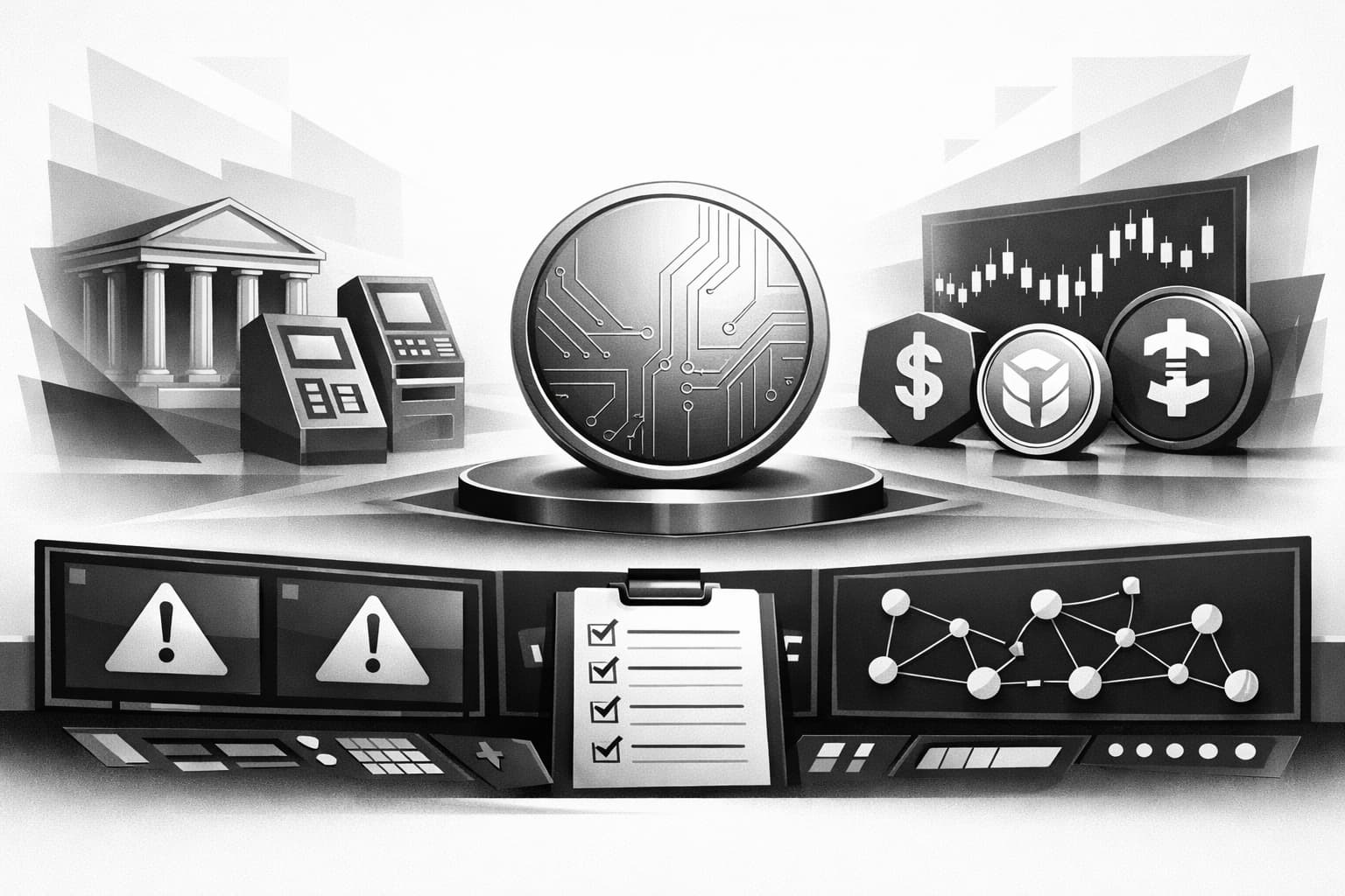 Illustration of FIUSD stablecoin facing adoption, competition, and compliance headwinds in payments