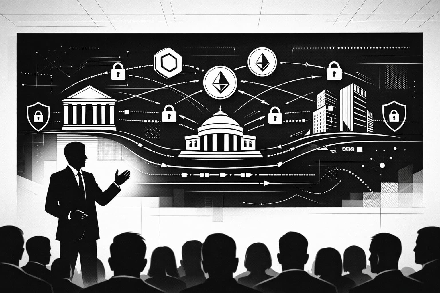 Illustration of FIUSD stablecoin connecting banks and fintechs through payment rails