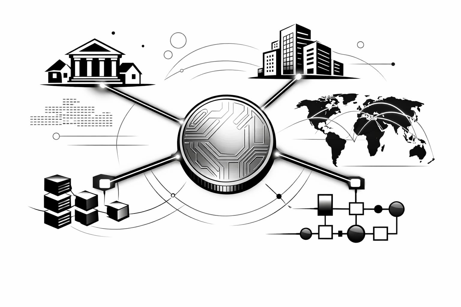Illustration of stablecoin linking community banks to global settlement and payment flows
