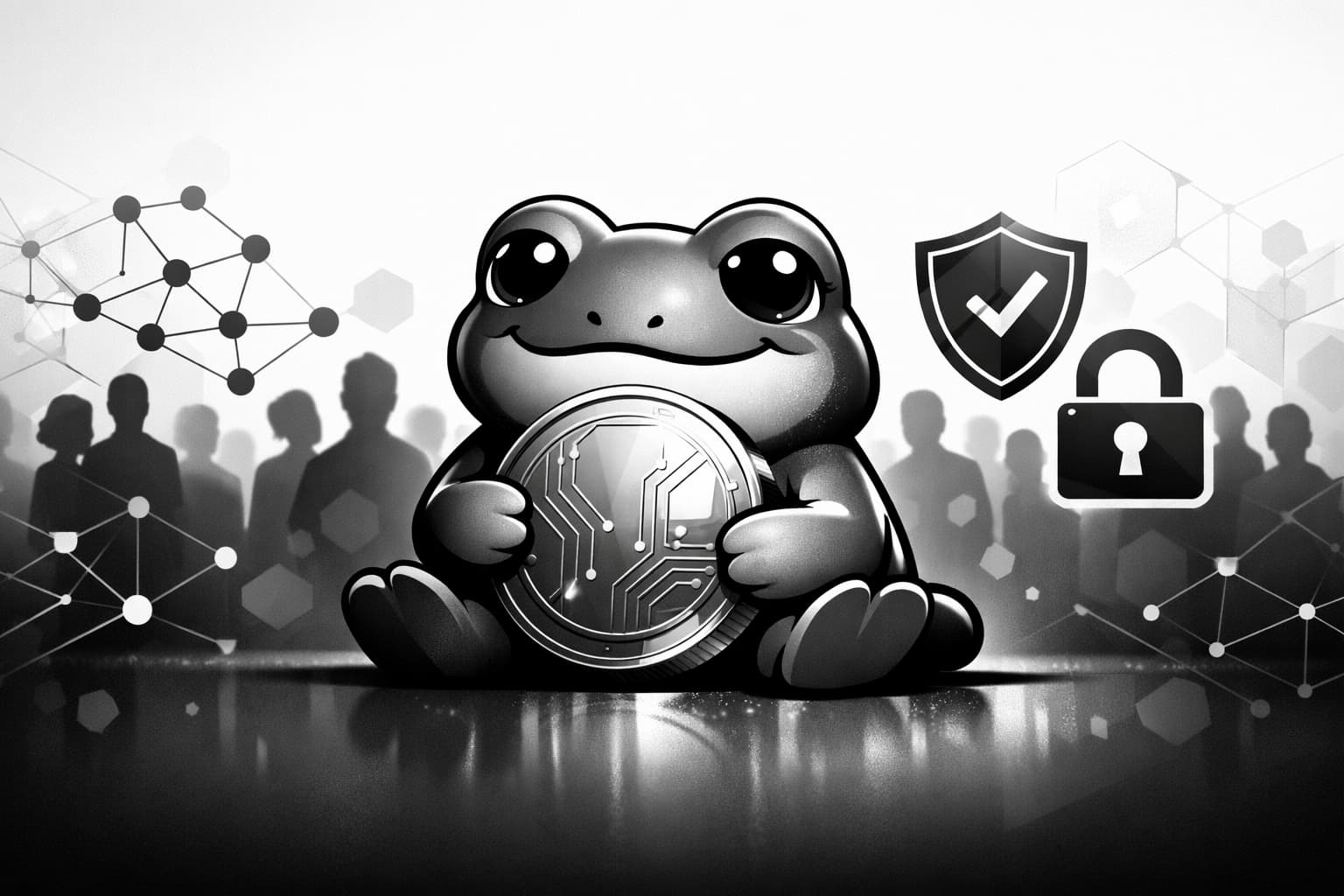 Cartoon frog meme coin with blockchain nodes and security shield icons background