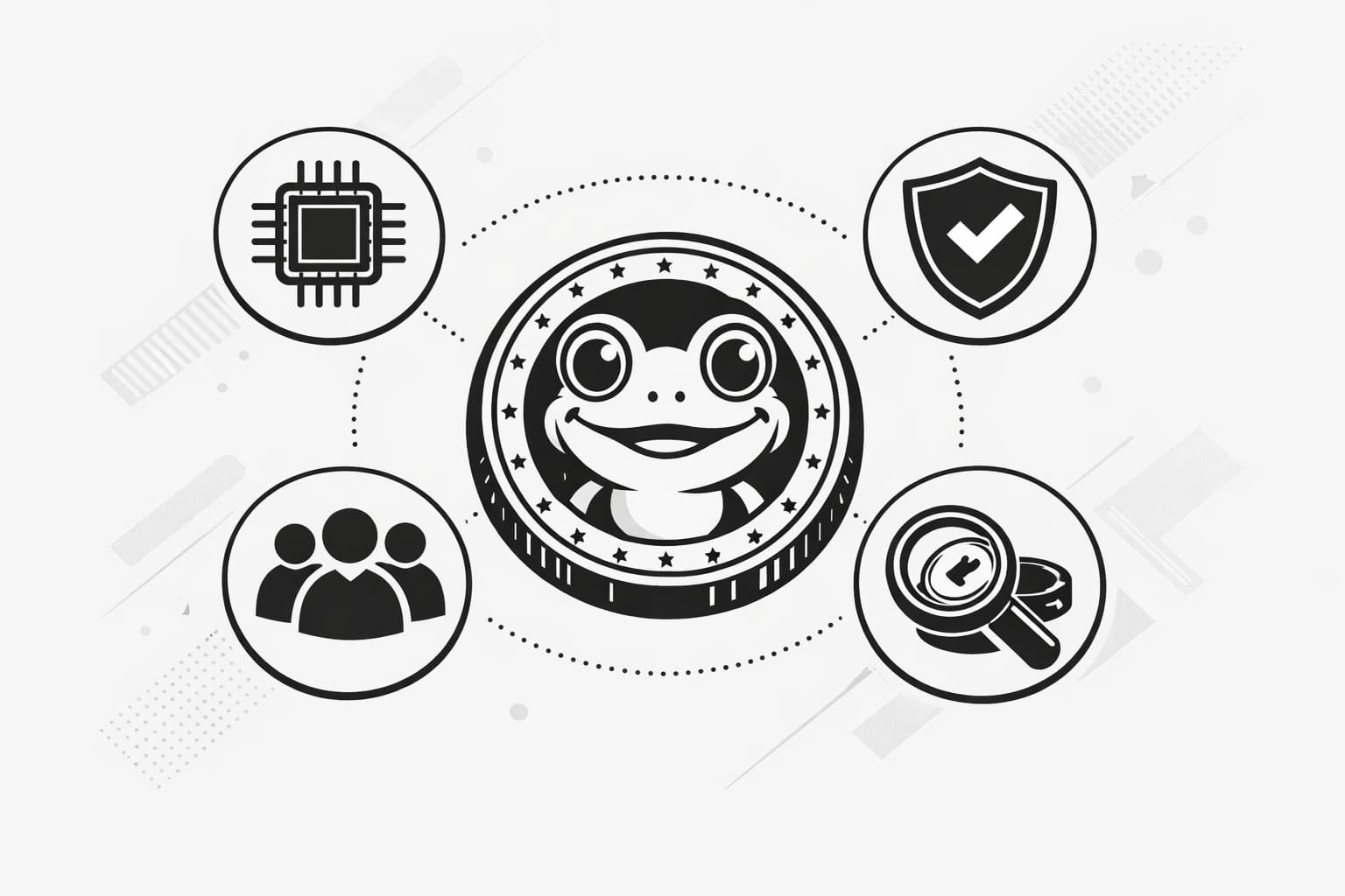 Frog-themed meme coin overview with icons for tech, audits, and community