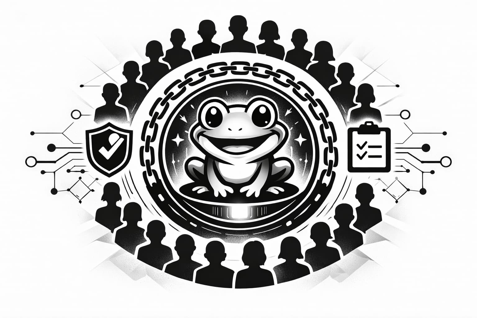 Illustration of Floppy Pepe Coin with blockchain, audit shield, and community circle