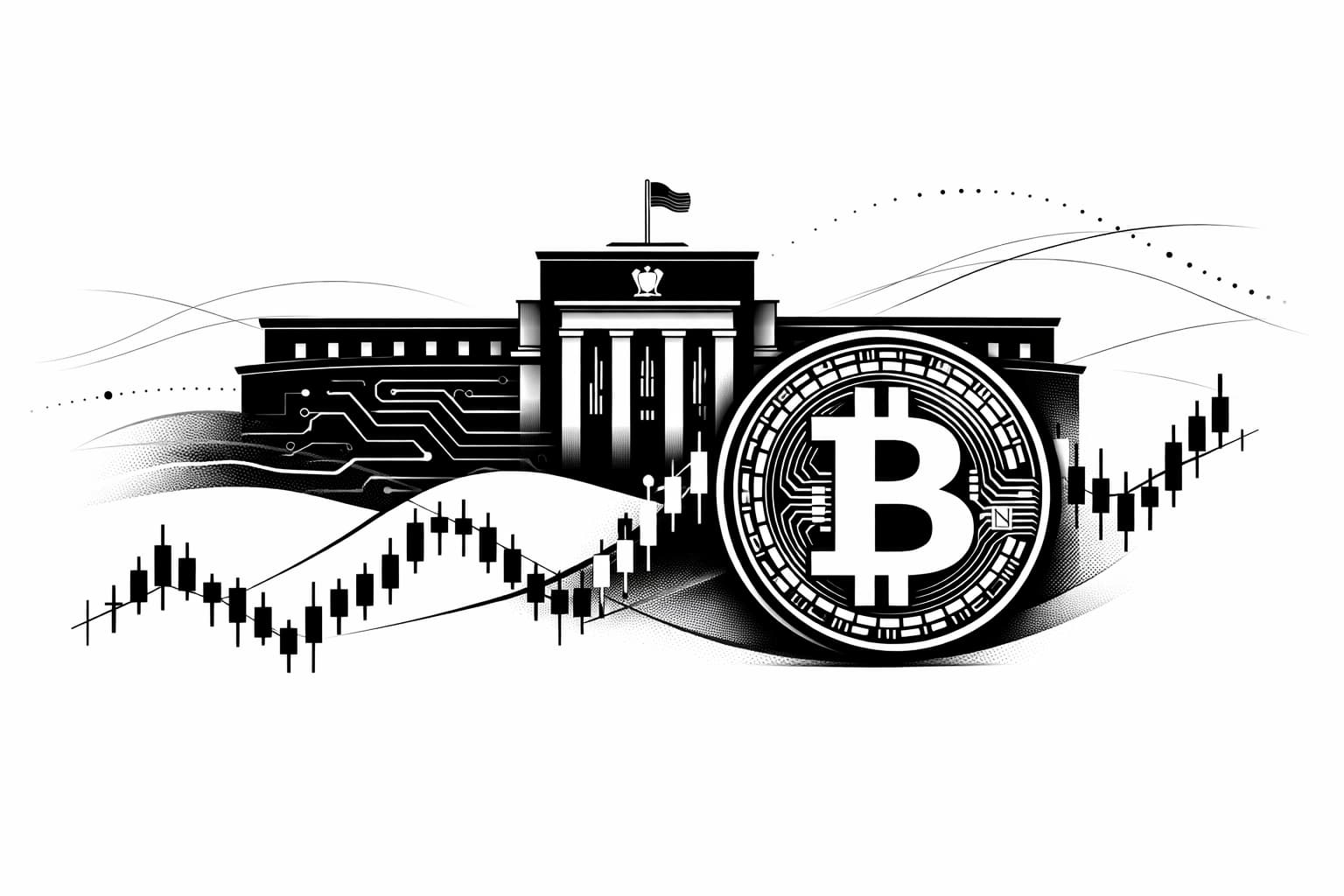 Bitcoin and Federal Reserve building with market chart illustrating policy impact