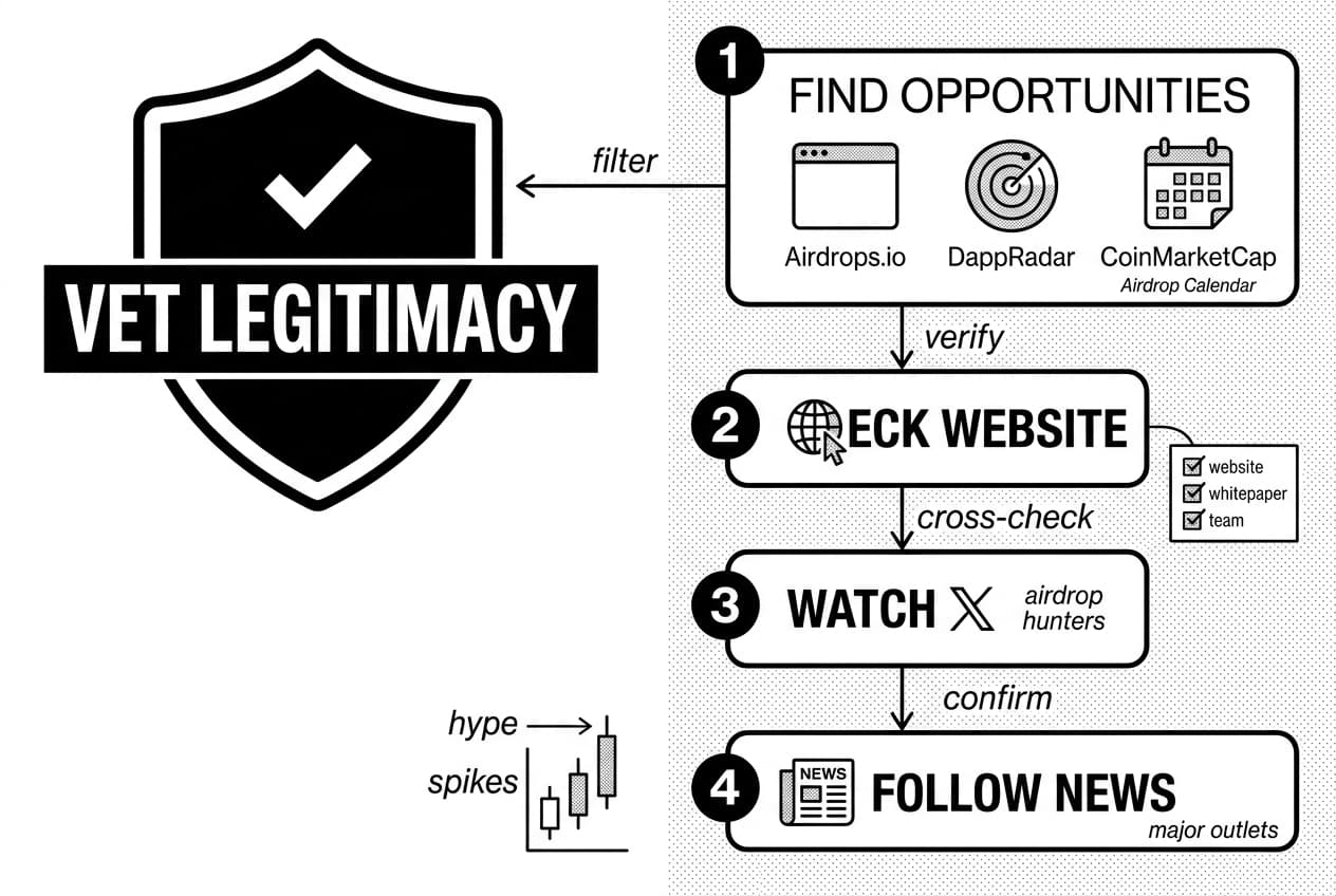 Monochrome flowchart showing how to vet legitimacy for free crypto airdrops step-by-step.