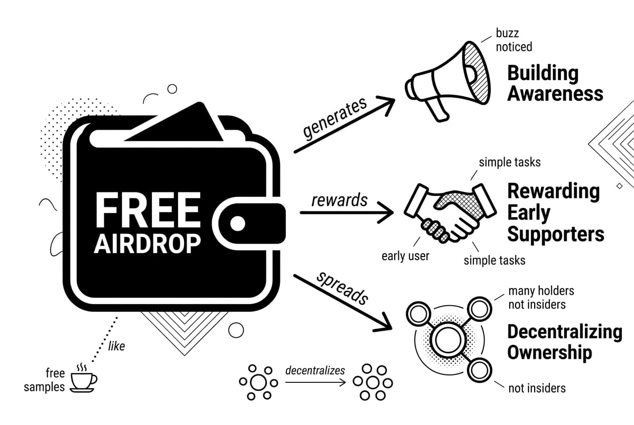 Black-and-white wallet infographic showing FREE AIRDROP flowing to awareness, supporters, and ownership.