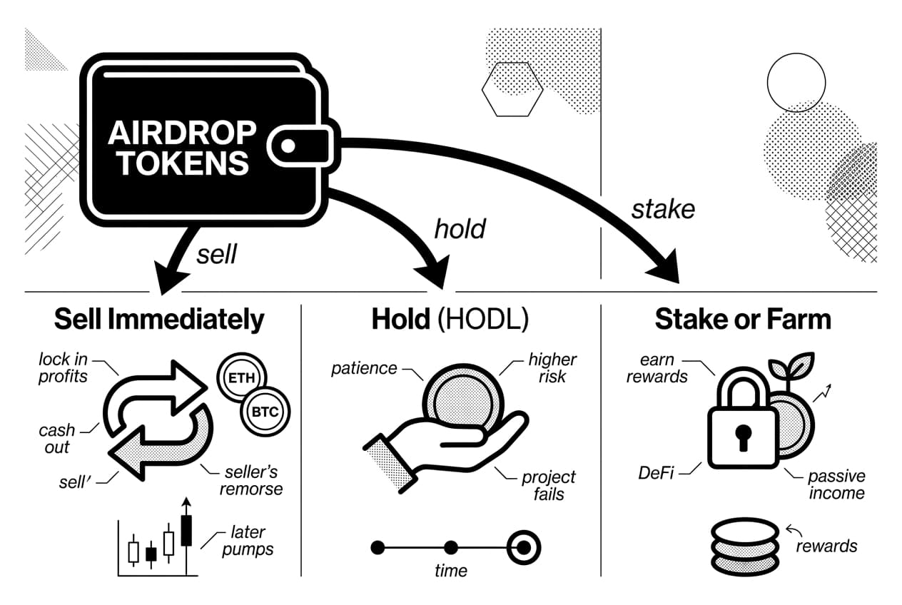 Monochrome infographic showing airdrop tokens wallet branching to sell, hold, or stake choices.