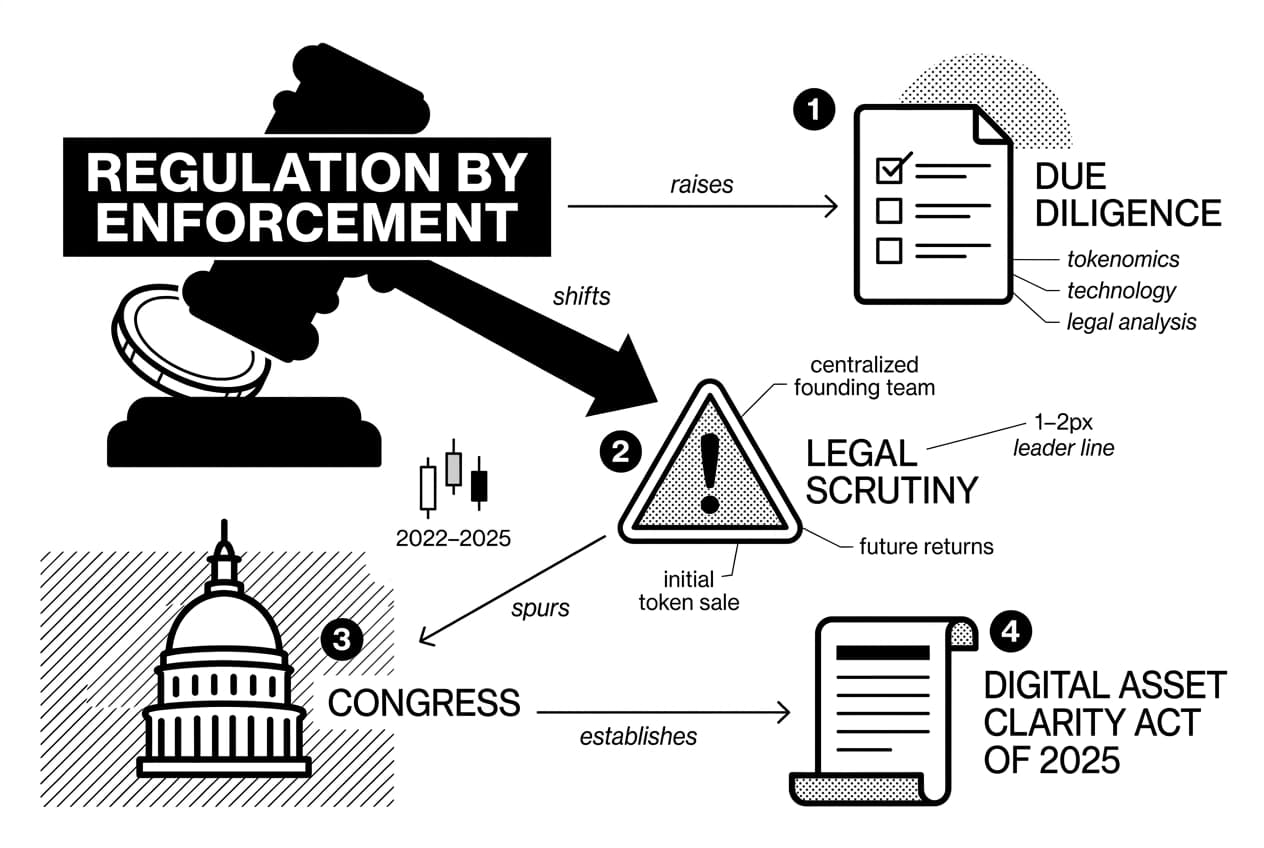 Monochrome infographic of gavel on coin and four investor takeaway steps from Gensler SEC era.