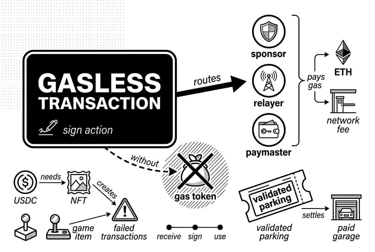 Gasless transaction diagram routes signatures via sponsor, relayer, paymaster to Ethereum ETH fees, USDC, NFT.