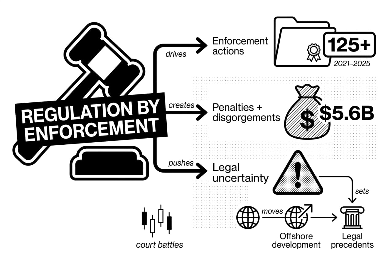 Monochrome infographic showing gavel and arrows mapping Gensler-era crypto regulation by enforcement impacts.