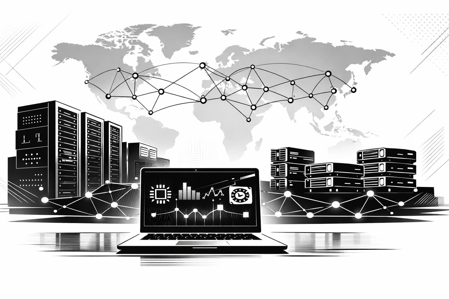 AI startup desk connected to a global decentralized GPU network illustration