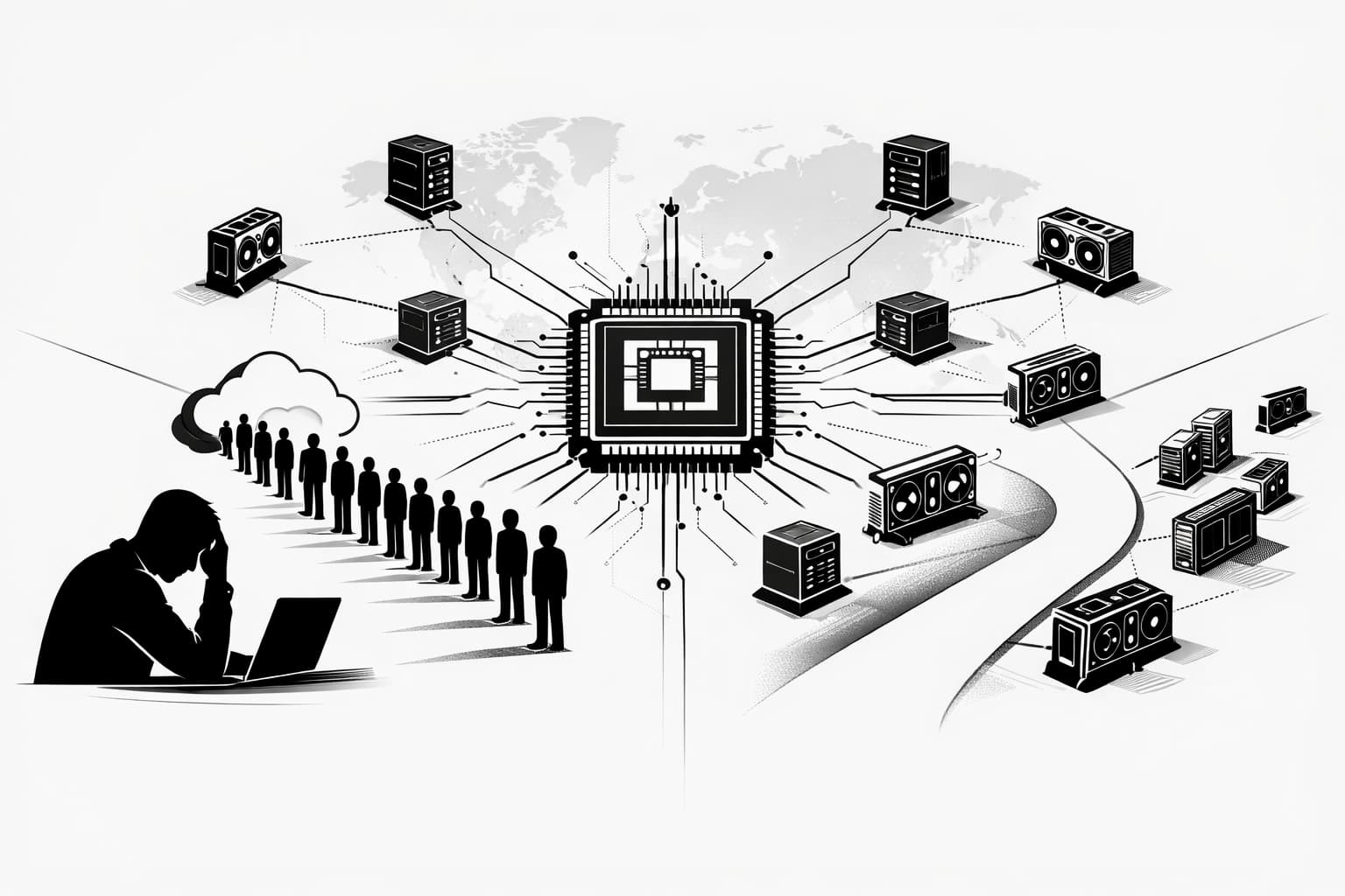 Decentralized GPU network illustration showing AI startup accessing compute beyond cloud waitlists