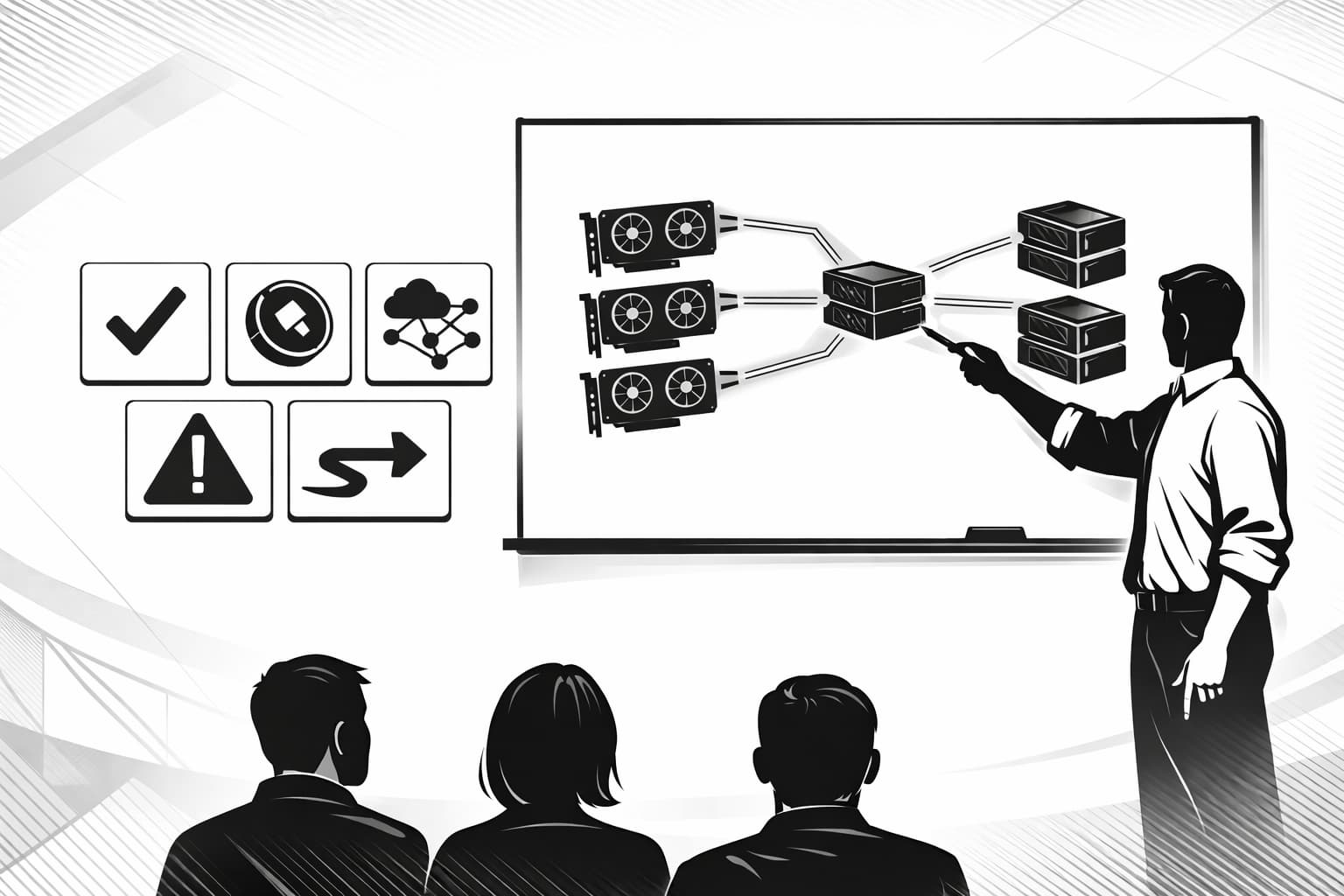 Teacher-style illustration summarizing DePIN solutions to GPU shortage for AI startups