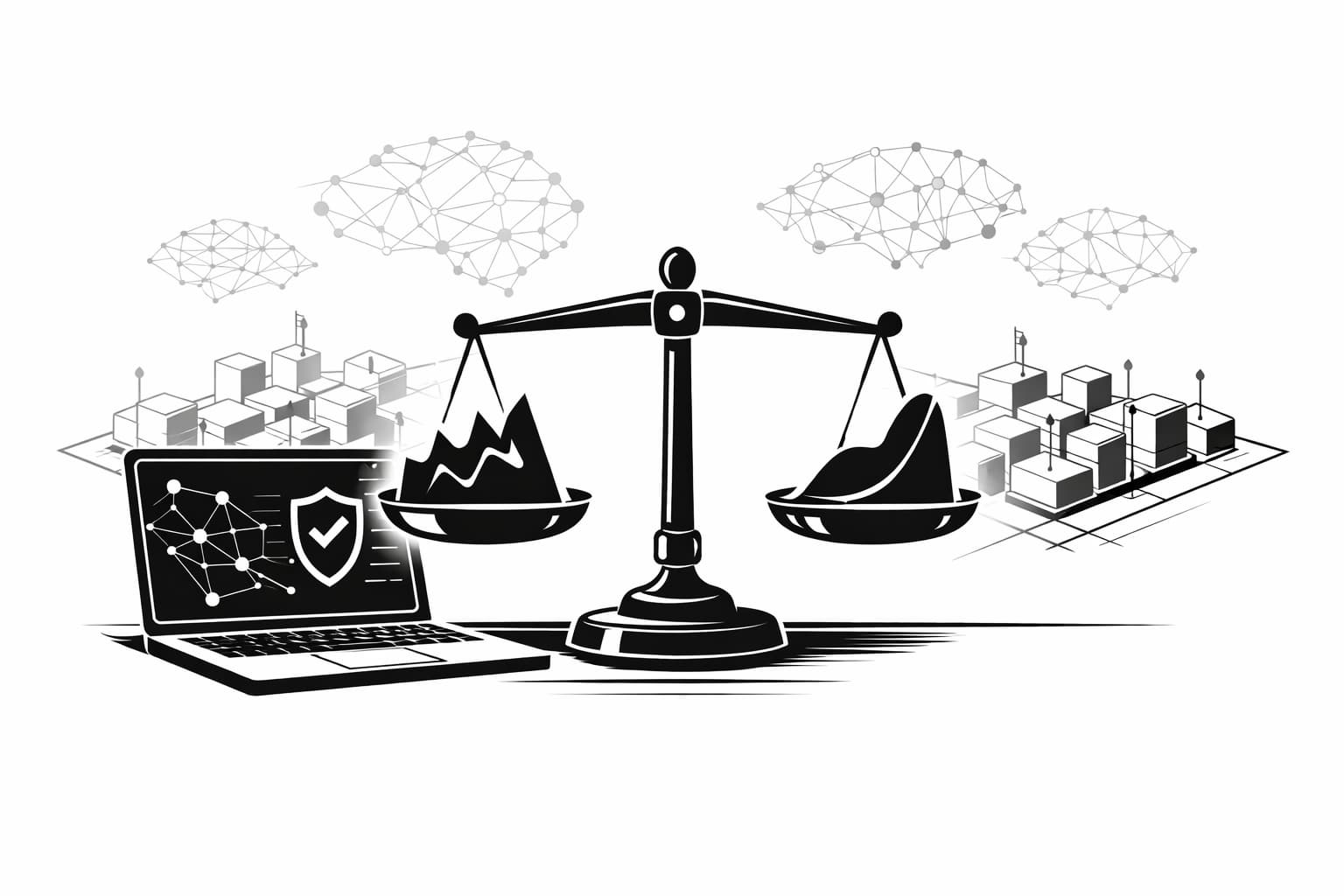 Balanced verdict illustration showing secure bandwidth network, AI training links, and risk-reward scale