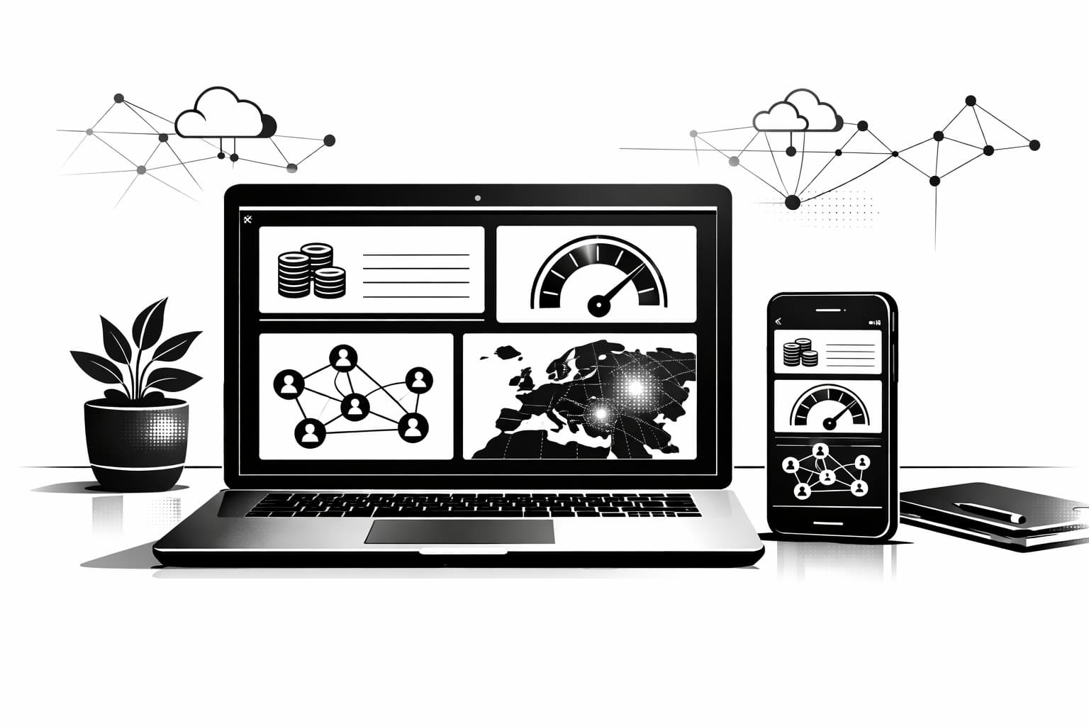 Illustration of points-based earnings dashboard with uptime, referrals, and location factors