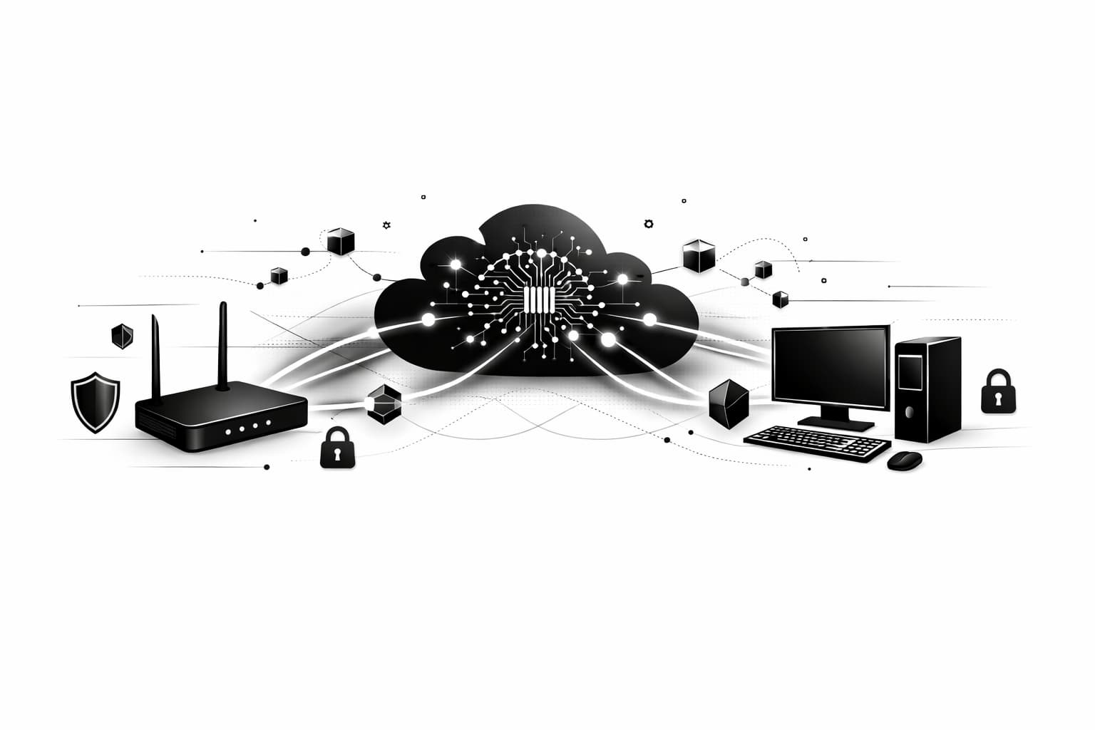 Router and devices sharing bandwidth to an AI cloud with security symbols