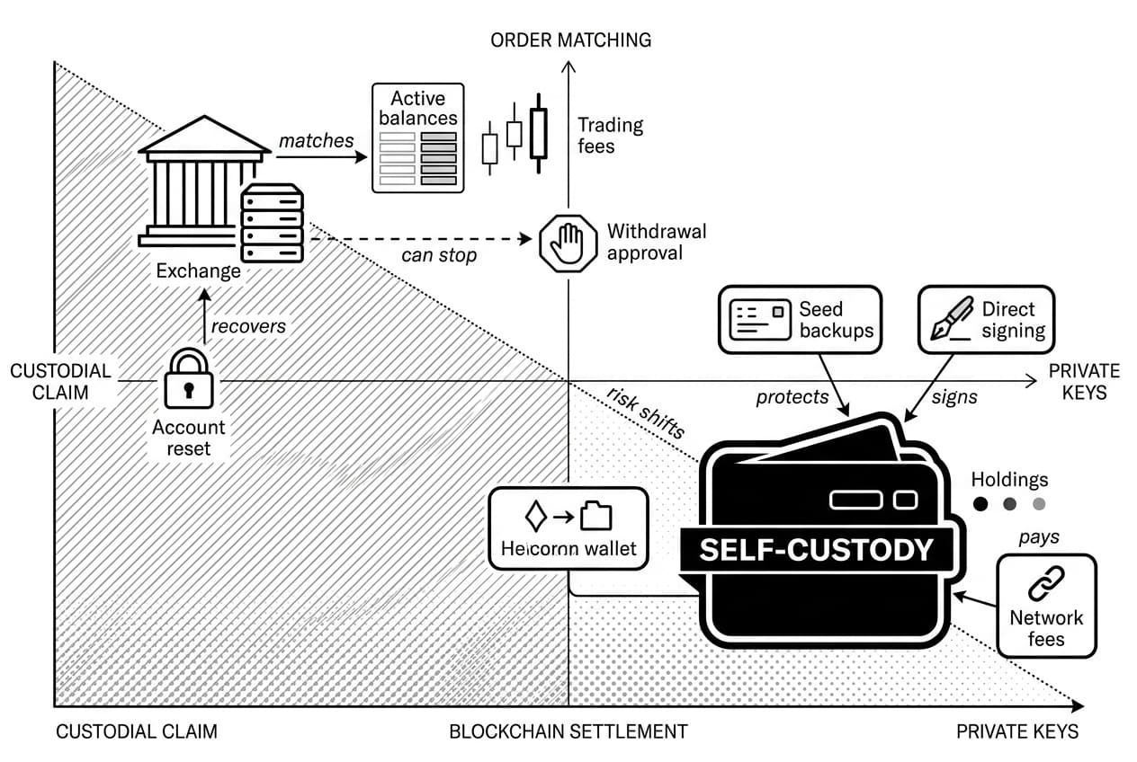 Custody decision matrix comparing hardware wallet self-custody with exchange account controls.