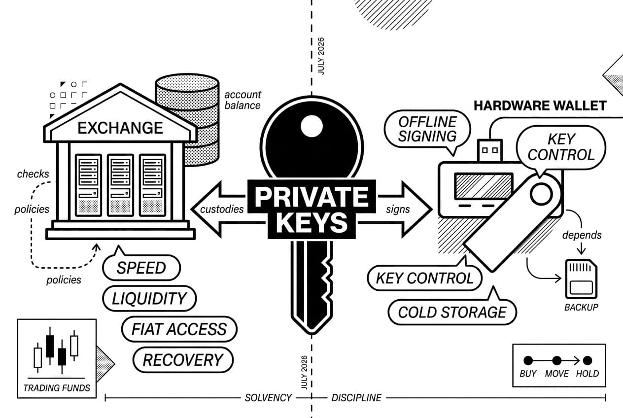 Hardware wallet vs exchange storage infographic showing PRIVATE KEYS controlling custody and signing