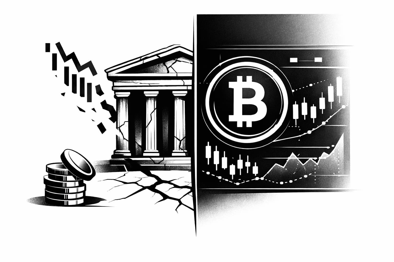 Illustration of bank stress and Bitcoin price signals with stablecoin risk cues