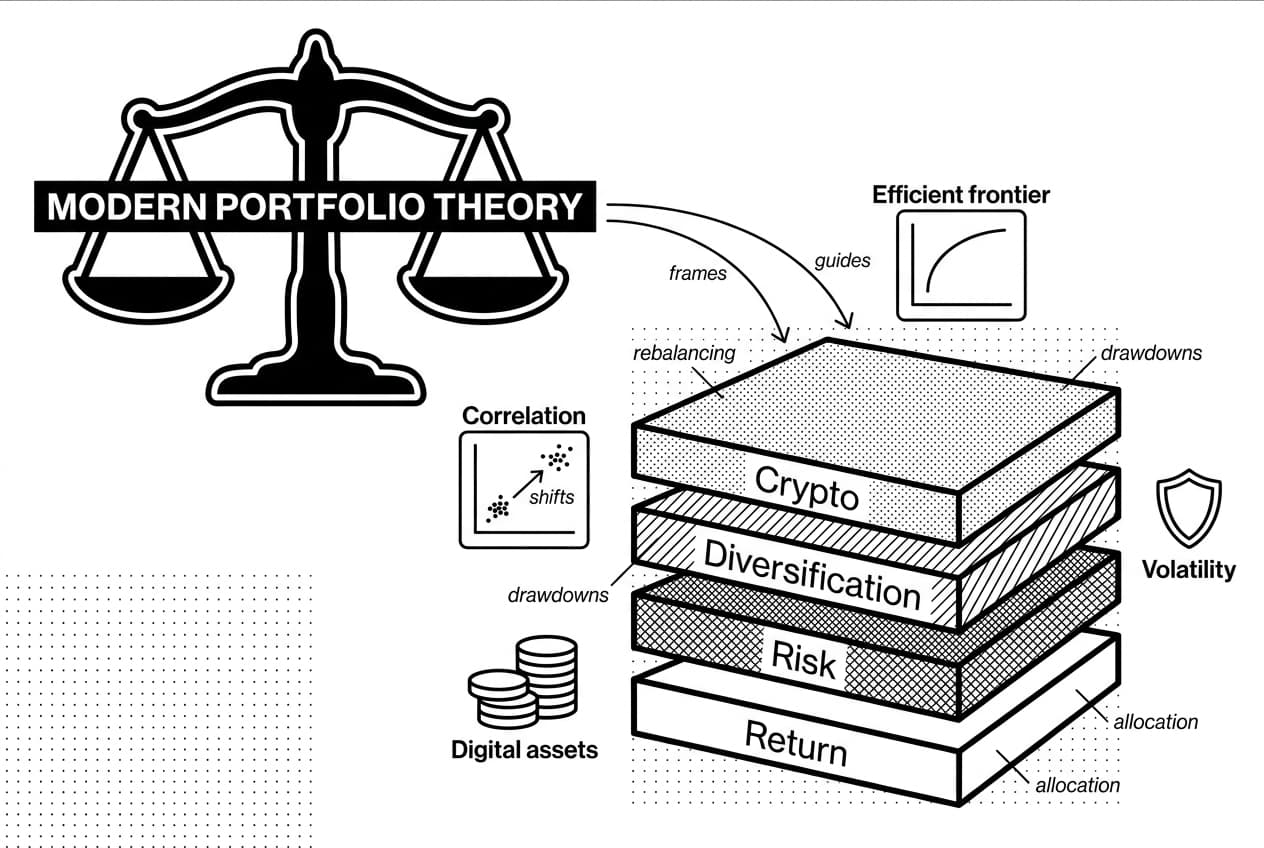 Monochrome balance scale labeled Modern Portfolio Theory weighing crypto diversification risk and return stack.