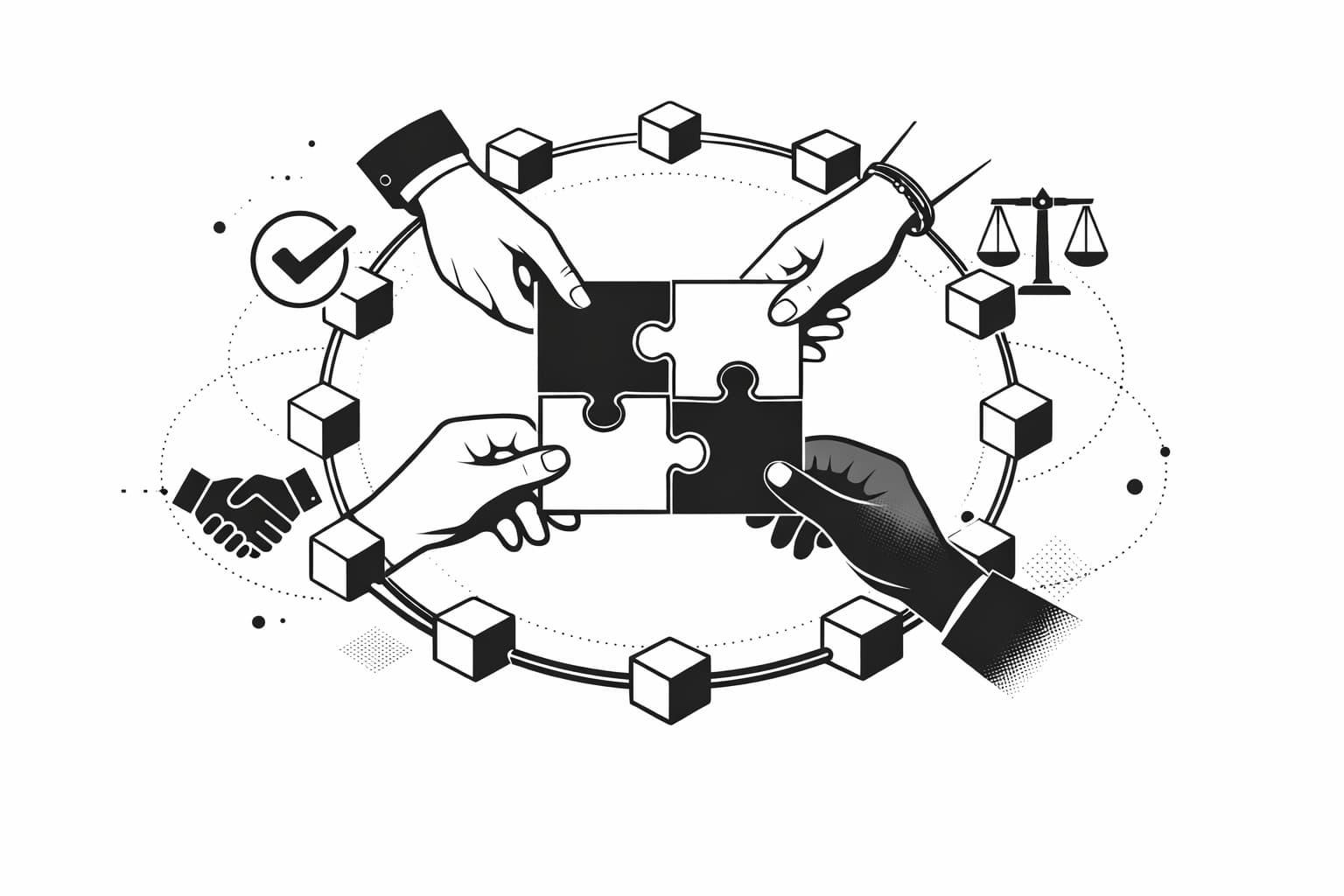 Illustration of DAO members resolving disputes using on-chain and off-chain tools